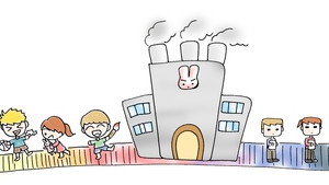 學校工廠這幅畫反映現時小學生在建制下被複製的苦況。