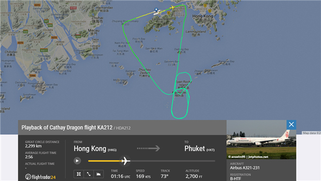 涉事客機折返路線(Flightradar24圖片)