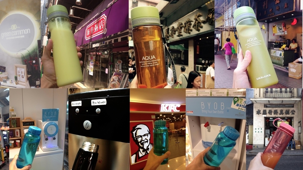 大專生自攜水樽購買飲品後，在商舖前拍攝團體照即可。（BottLess提供）
