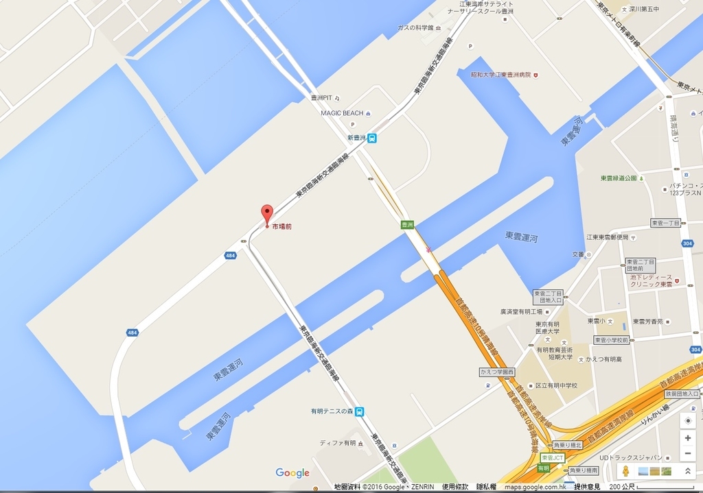 江東區豐洲新市場的位置圖。（相片來源：Google 地圖）