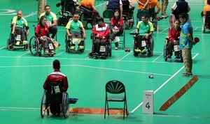 硬地滾球運動員梁美儀、郭海瑩、楊曉林及龍子健出戰 BC1/2 級團體小組賽。（相片來源：香港殘疾人奧委會暨傷殘人士體育協會）