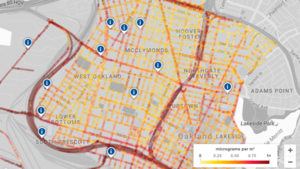 Google首度公開有關空氣污染地圖計劃研究的初步成果，可在Google地圖上顯示不同地區的空氣品質，以顏色深淺代表該區空氣污染之嚴重性。（圖片來源：Google）
