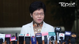 林鄭月娥今早出席行玫會議前見記者。(林宇翔攝)