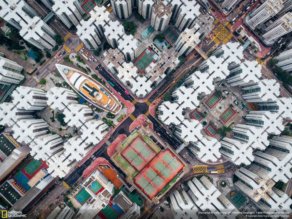Andy Yeung由高空拍攝的黃埔花園相片「Walled City」，榮獲美國國家地理雜誌「旅遊攝影師大賽」城市組二等獎，為港增光。（美國國家地理雜誌相片）