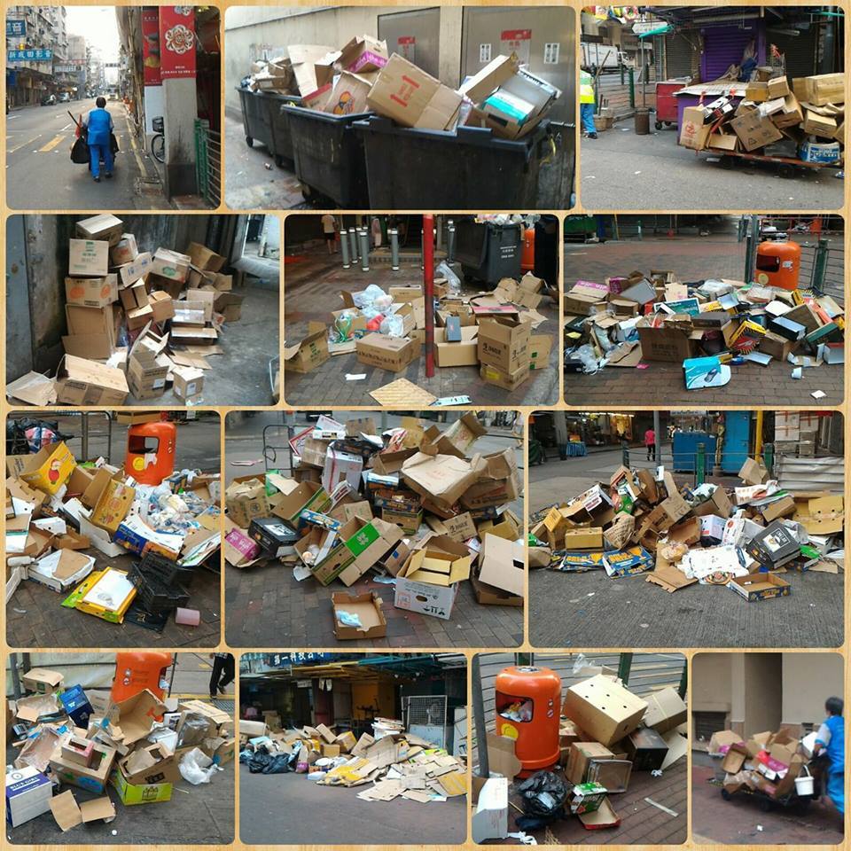 在深水埗街頭不難見到堆放大批紙皮。（趙日輝提供圖片）