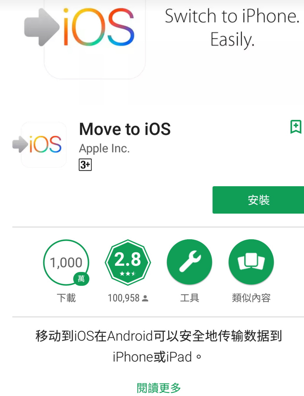 蘋果在Google Play推出的Move to iOS程式。（手機截圖）