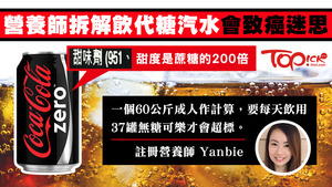 有傳聞指代糖汽水會致癌，營養師解釋指適量飲用不會危害健康。