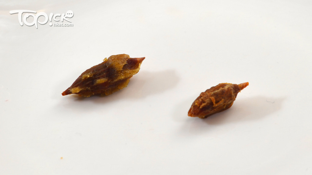 左邊兩頭尖的的是馬牙棗，右邊的只有一頭尖並核小的是南棗。(程志遠攝)