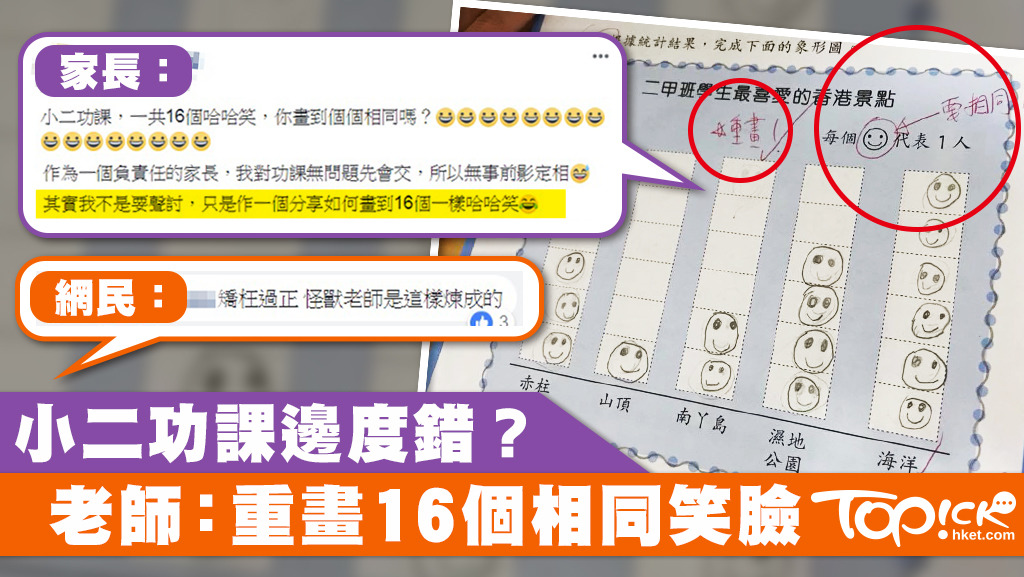 港媽上傳小二孩子的功課，被老師要求重畫16個相同笑臉。