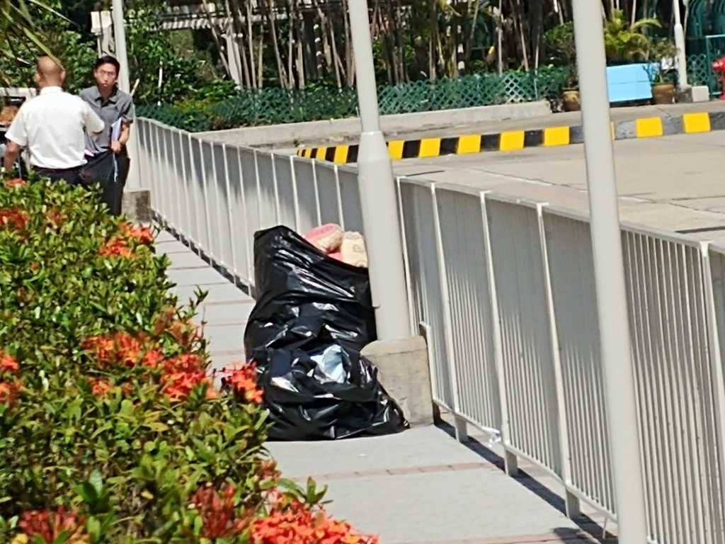 酷熱天氣高溫曬被新招，有市民將被舖及毛公仔放黑膠袋內，並在路邊暴曬。(網上圖片)