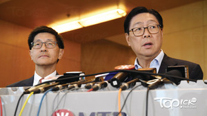 沙中綫紅磡站涉剪鋼筋事件，港鐵主席馬時亨（右）稱，已向政府提交報告。（程志遠攝）