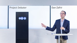 IBM專為辯論而設計的AI辯論員Project Debater，就先後與世界頂尖辯論員一較高下。（IBM官方網頁）