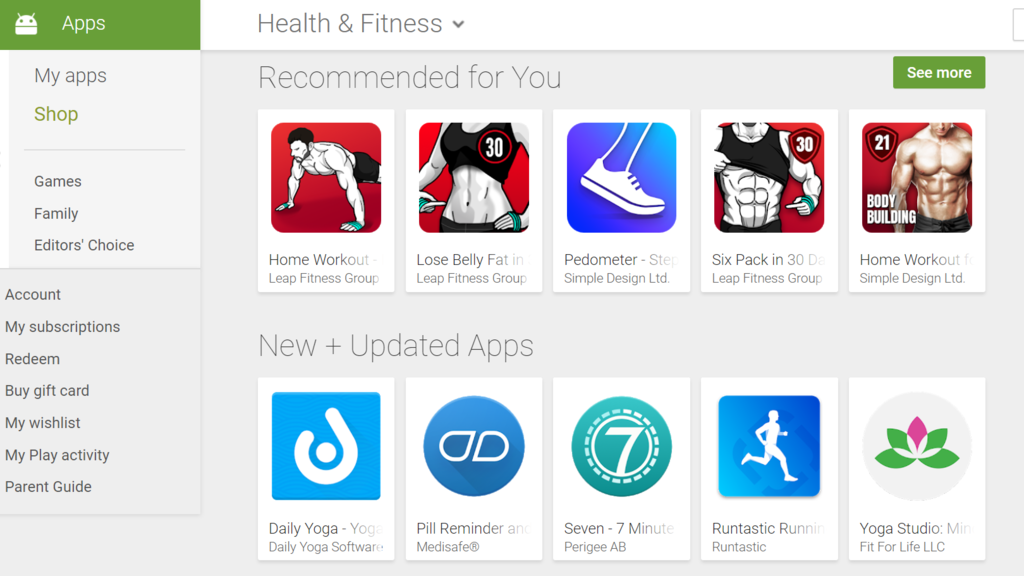 Google Play有大量與健康、健身等相關的Apps。（圖片來源：Goolge Play截圖）