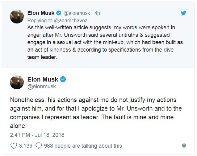 Elon Musk於Twitter公開就事件作出道歉。（Twitter截圖）