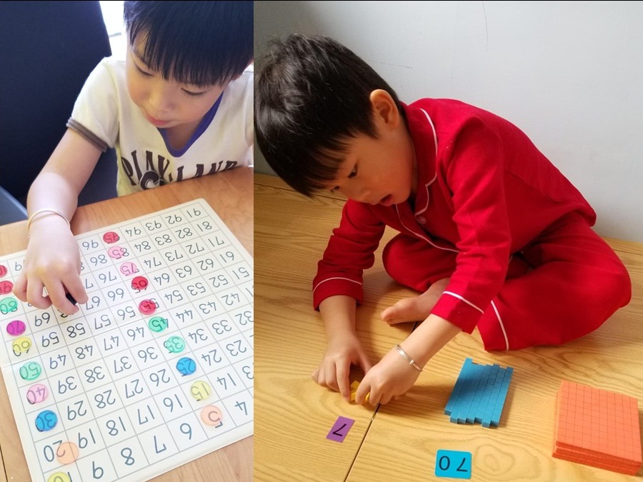 駿駿用蒙特梭利教具認識進位(右)及學習用百數表學數字規律。(受訪者提供)