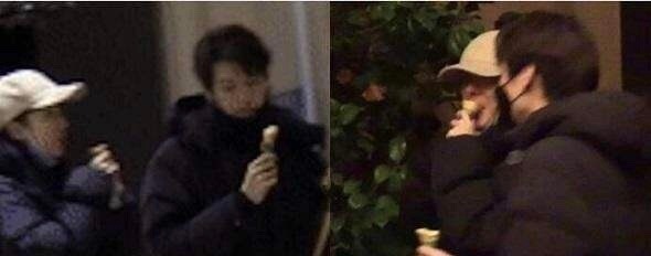 二人因拉下口罩食雪糕而被認出。（微博圖片）