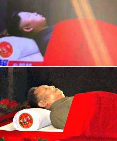 疑有網民將金正恩移花接木到爸爸金正日遺照上。（twitter圖片）