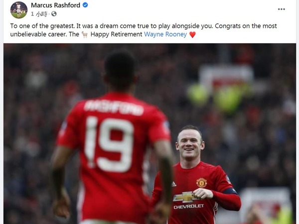 繼承朗尼在曼聯10號球衣的華舒福(Marcus Rashford)，亦在社交網站貼文祝賀。(華舒福fb圖片)