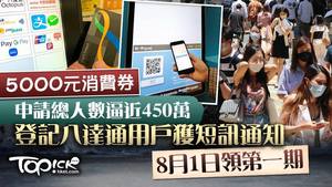 申請總人數逼近450萬，登記八達通用戶獲短訊通知8月1日領第一期。(資料圖片)
