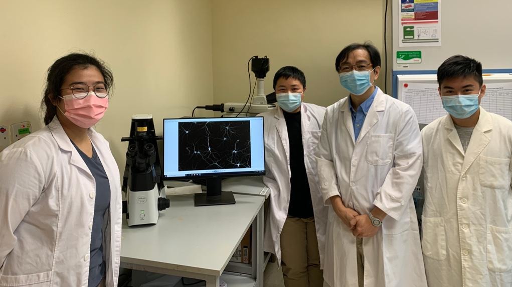 研究團隊由周熙文教授(左二)及關健明教授(右二)領導，亦包括兩名學生。（中大提供）
