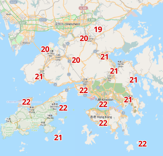 明日早上氣溫稍涼,市區各區氣溫維持在22度。(天文台網頁截圖)