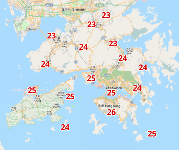 周三天氣稍微回升,早上各區氣溫約25度。 (天文台網頁截圖)