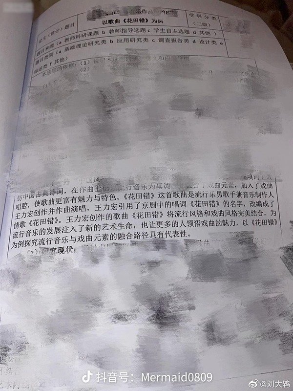 論文開題報告提到，《花田錯》由王力宏創作、作曲、演唱，並將流行與戲曲風格完美結合。（微博圖片）
