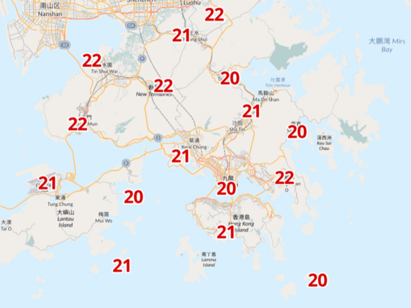 周六中午12時各區氣溫。（天文台截圖）