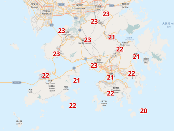 周日下午1時各區氣溫。（天文台截圖）