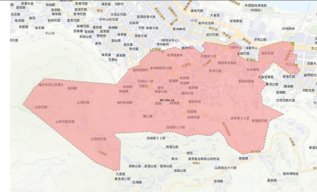中西區發現污水範圍的大廈及屋苑。