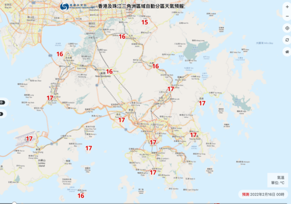 周三分區氣溫。(天文台截圖)