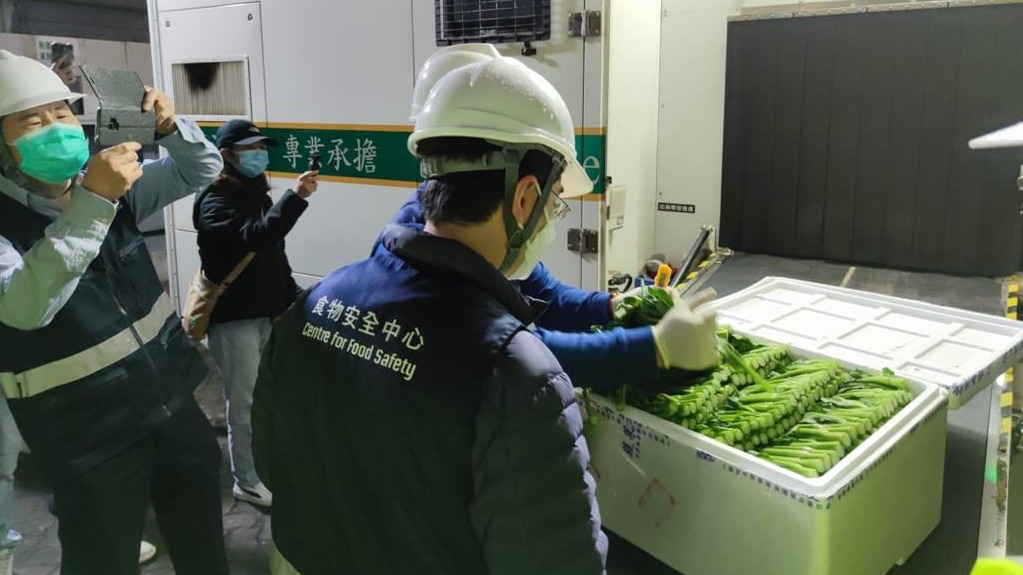 首批水路運送內地蔬菜抵港，三噸共200箱菜心今應市。（運輸及房屋局）