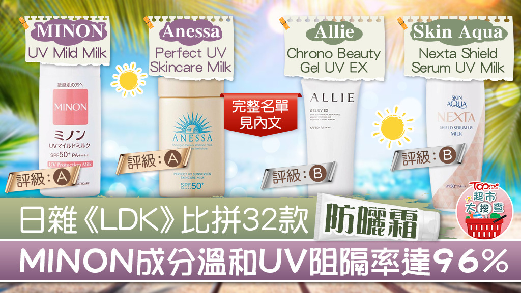 日雜《LDK》比拼32款防曬霜，MINON成分溫和UV阻隔率達96%。