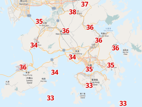周日下午2時氣溫。(天文台截圖)