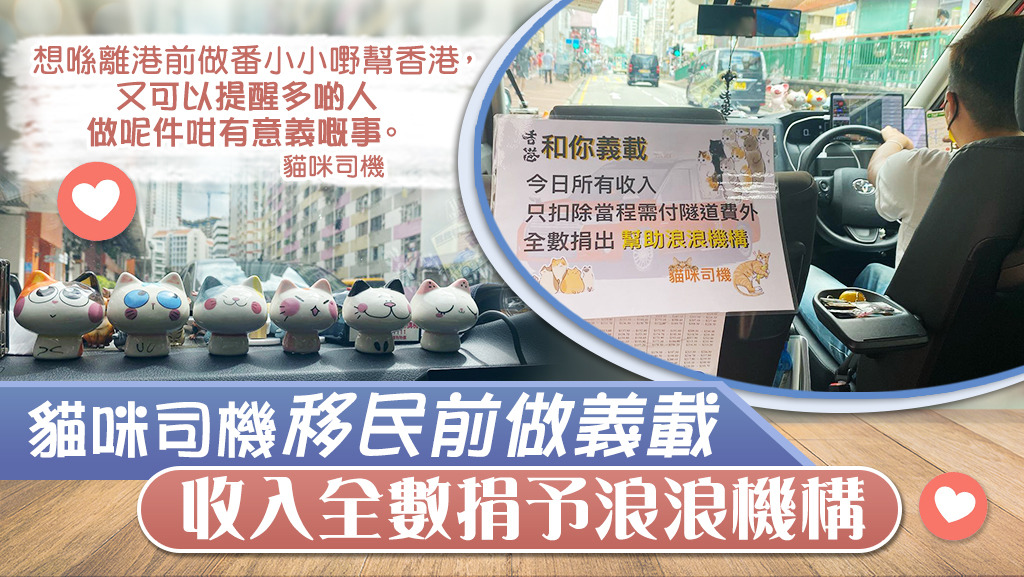 貓咪司機在移民前義載，把收入捐予浪浪機構，希望可以幫助更多流浪貓狗。