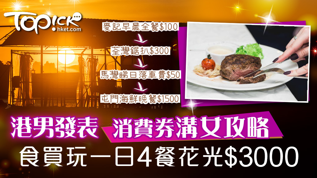 有港男發表「消費券溝女攻略」，食買玩一日4餐花光$3000。