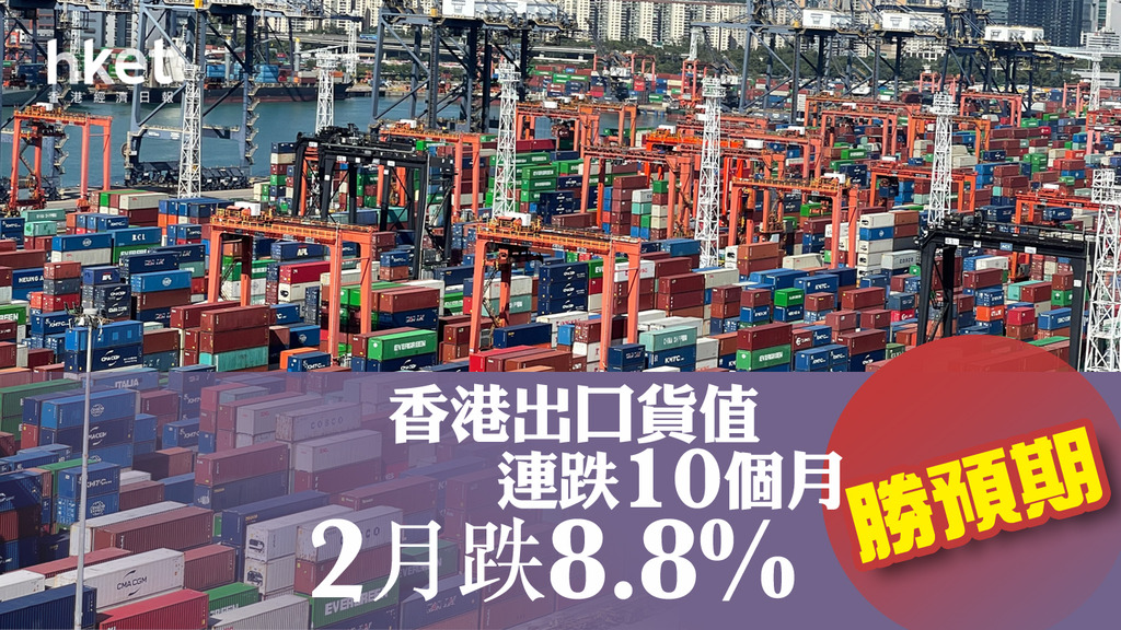 【香港經濟】香港出口貨值連跌10個月、2月跌8.8%勝預期　大新料全年出口或跌介乎5至10%