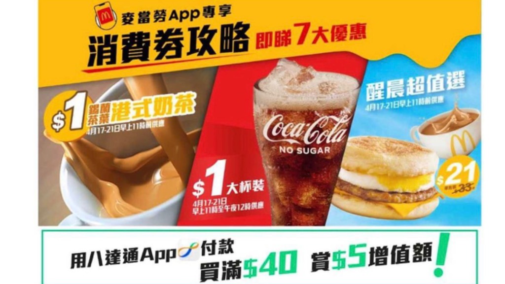麥當勞推1蚊奶茶汽水，八達通俾錢滿40賺5蚊。（麥當勞提供）