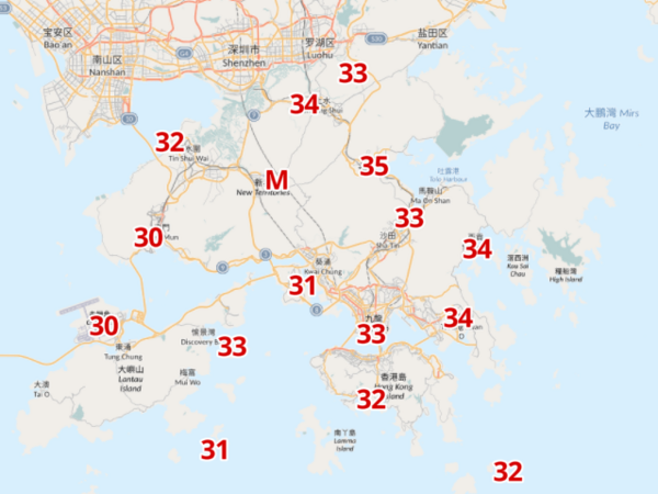 7月6日中午12時各區氣溫。(天文台截圖)