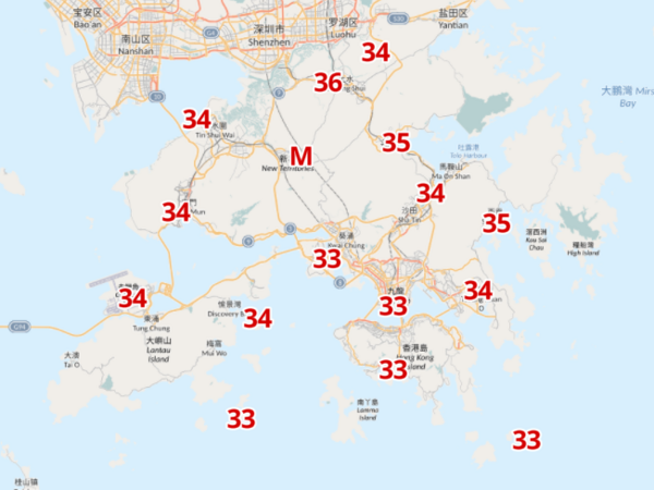 7月7日中午12時各區氣溫。(天文台截圖)