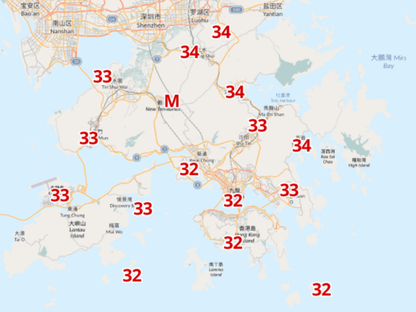 7月8日中午12時各區氣溫。(天文台截圖)