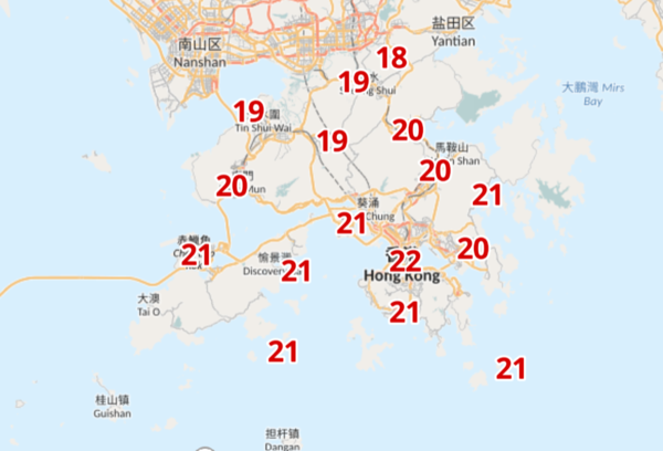 本周三(6日)早7時分區氣溫,普遍在21度或以下。(天文台網頁截圖)