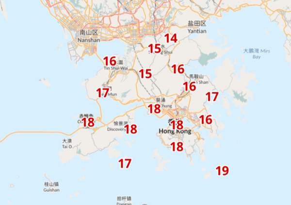本周四(7日)早7時分區氣溫,打鼓嶺低見14度。(天文台網頁截圖)