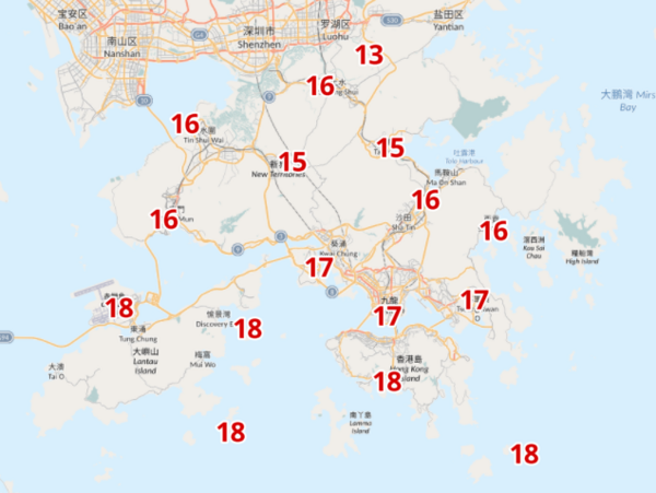 12月16日早上6時各區氣溫。(天文台截圖)