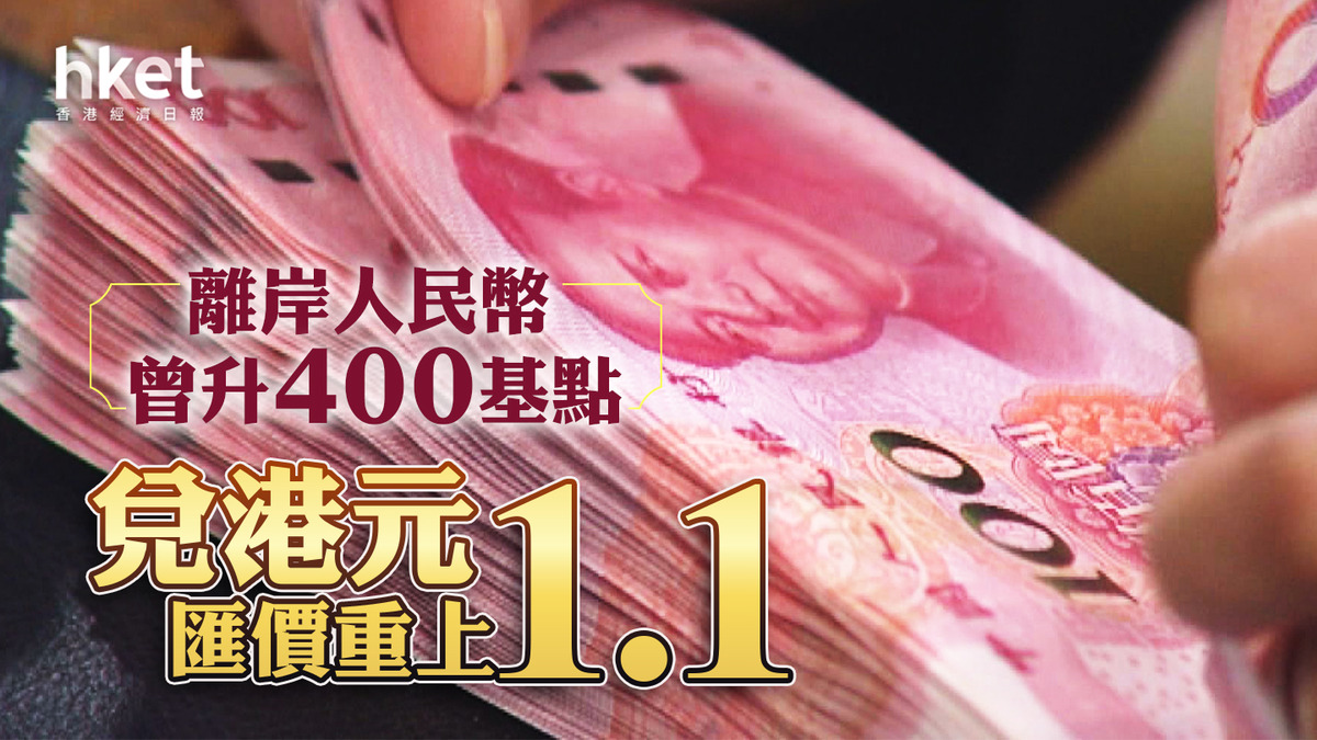 人民幣匯價】離岸人民幣曾升400基點兌港元匯價重上1.1