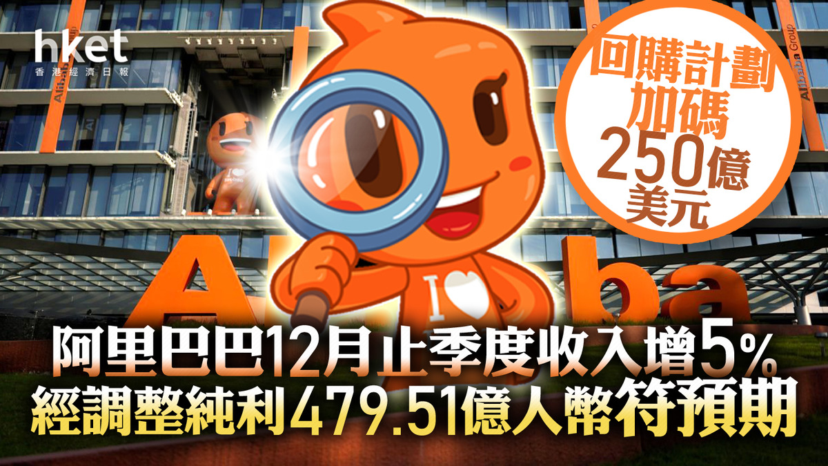9988業績｜阿里巴巴績後跌6% 12月止季度收入增5% 經調整純利479.51億人幣符預期