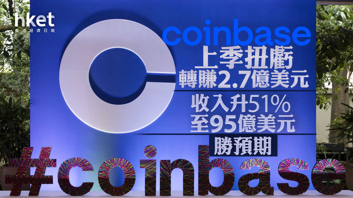 美股COIN業績｜Coinbase上季扭虧轉賺2.7億美元、收入9.5億美元勝預期股價盤前升近13%