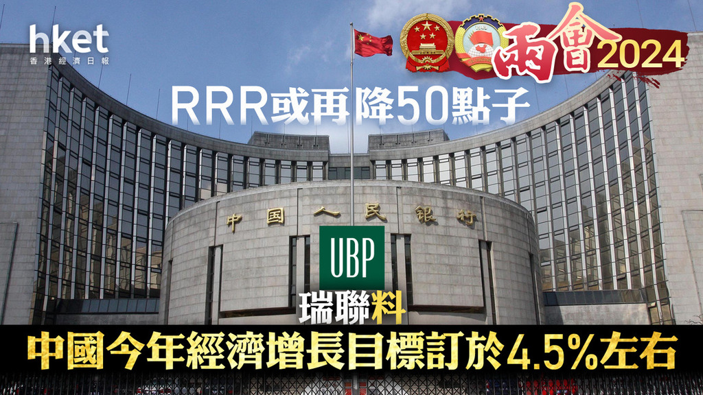 兩會2024｜瑞聯料中國今年經濟增長目標訂於4.5%左右、市場或失望　RRR或再降50點子