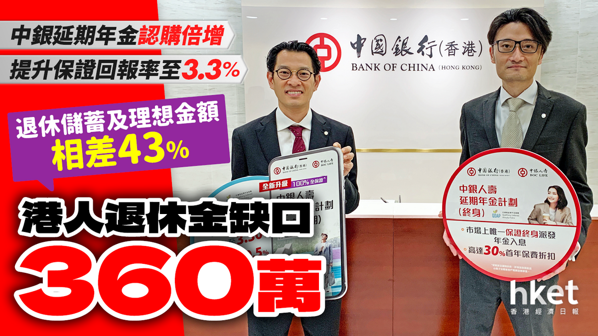 港人退休金缺口360萬中銀延期年金認購倍增提升保證回報率至3.3%