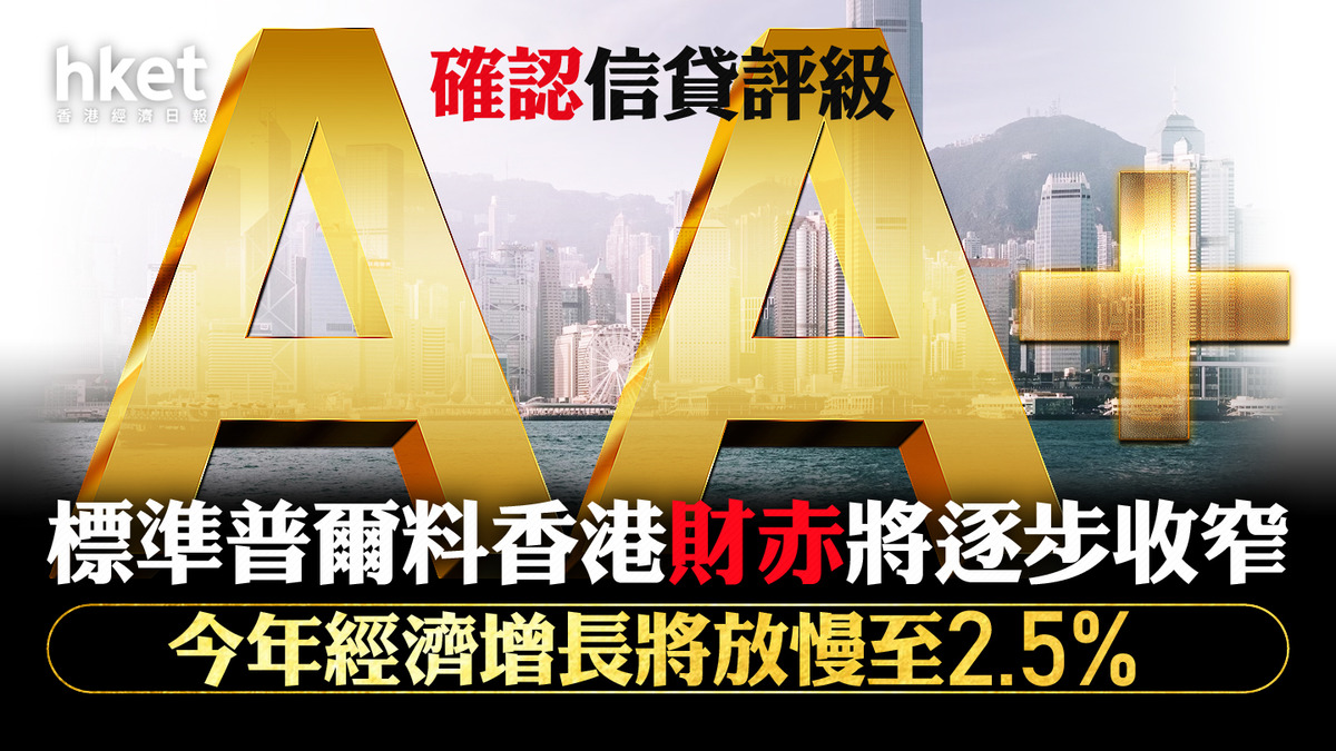 香港評級｜標準普爾確認香港信貸評級AA+、料財赤將逐步收窄今年經濟增長將放慢至2.5%